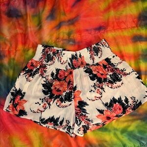 Charlotte Russe White Floral High-Waist Smocked Shorts with Coral and Black